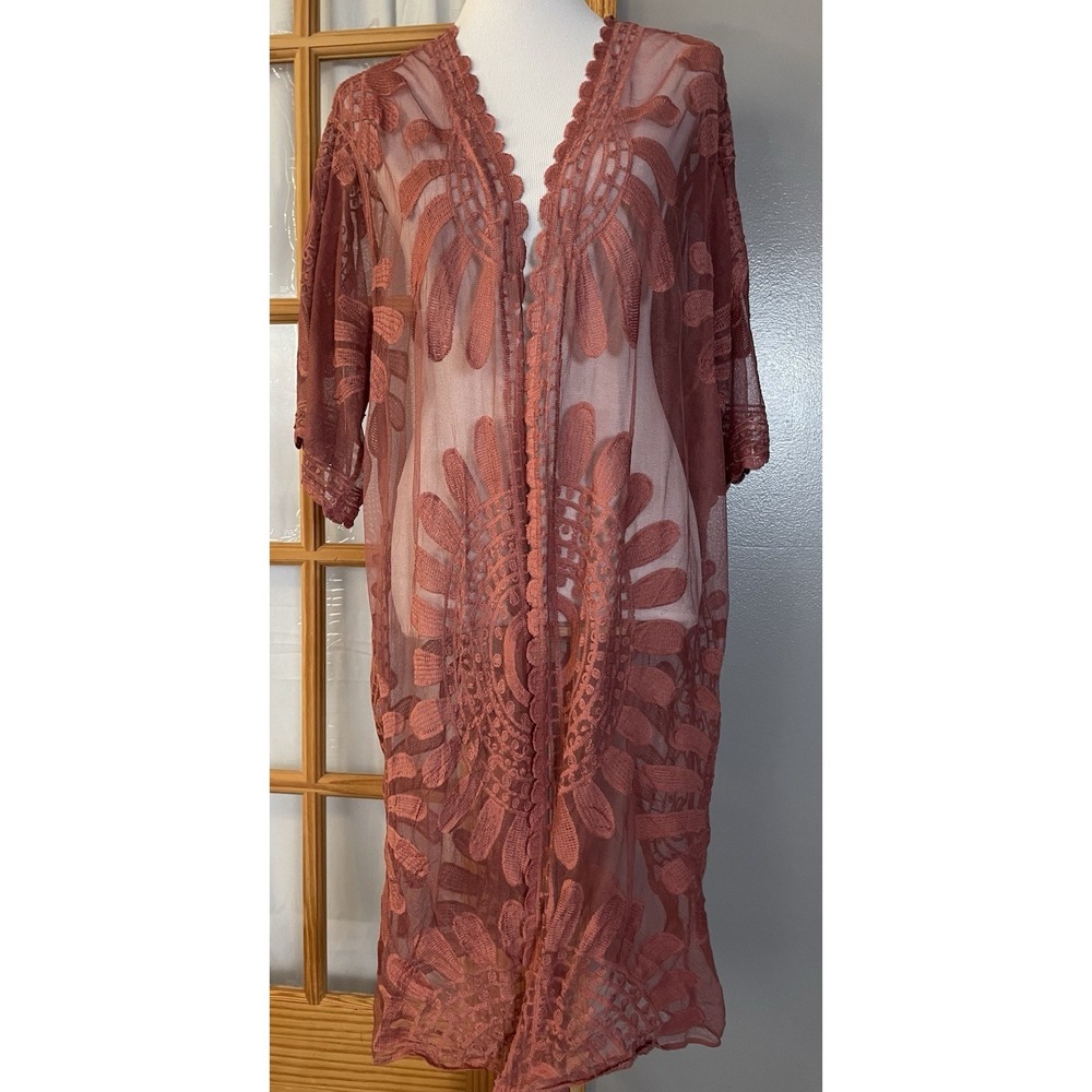 David And Young Floral Lace Duster Kimono OS Open Front Scalloped Hem Boho Beach - Picture 1 of 10